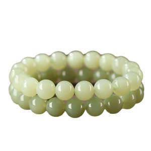 Natural Hetian Jade Ice-clear Blueish-Green Bead Bracelet