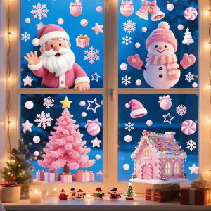 2Pcs Christmas Window Clings pink pattern snowflake sticker